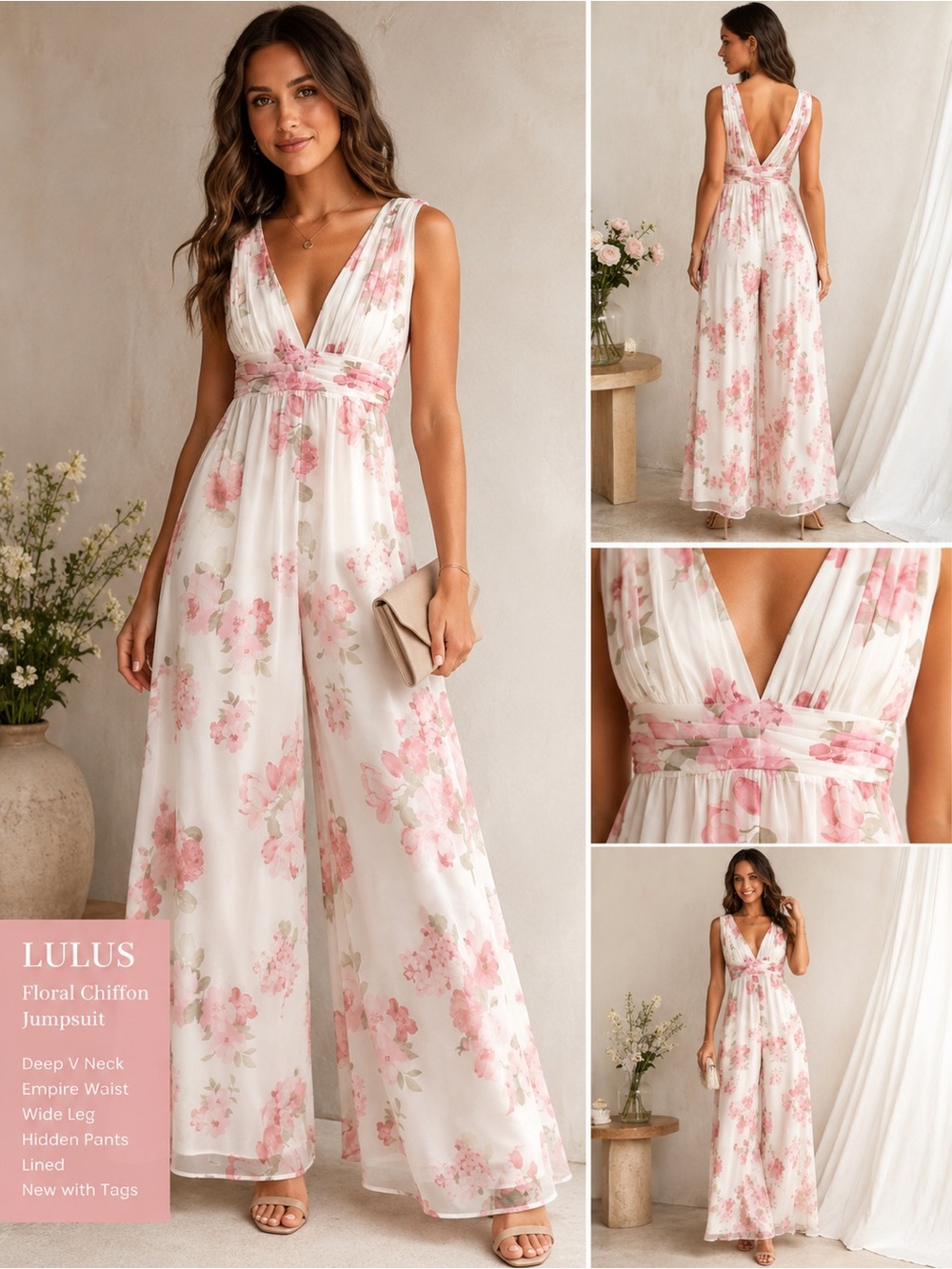 Lulus Pink Floral Chiffon Wide Leg Jumpsuit Size Small Wedding Guest NWT
